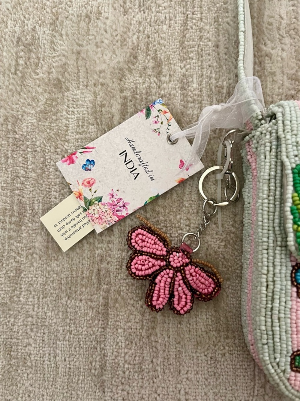 👛🦋🐛Beaded Garden/Caterpillar/Butterfly Shoulder Bag - Pink & Green - Picture 2 of 5